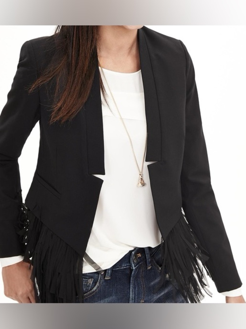 Banana Republic Petite Choffon Fringe collarless black jacket blazer sz.00